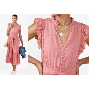 Pink Cotton Eyelet Ruffles Button Up Ankle Length Swing Dress Matching Belt- S/M